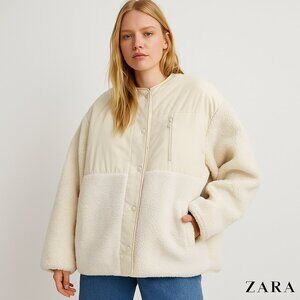 Zara Cream White Sherpa Fleece Oversized Bomber Jacket Coat Women’s Medium M